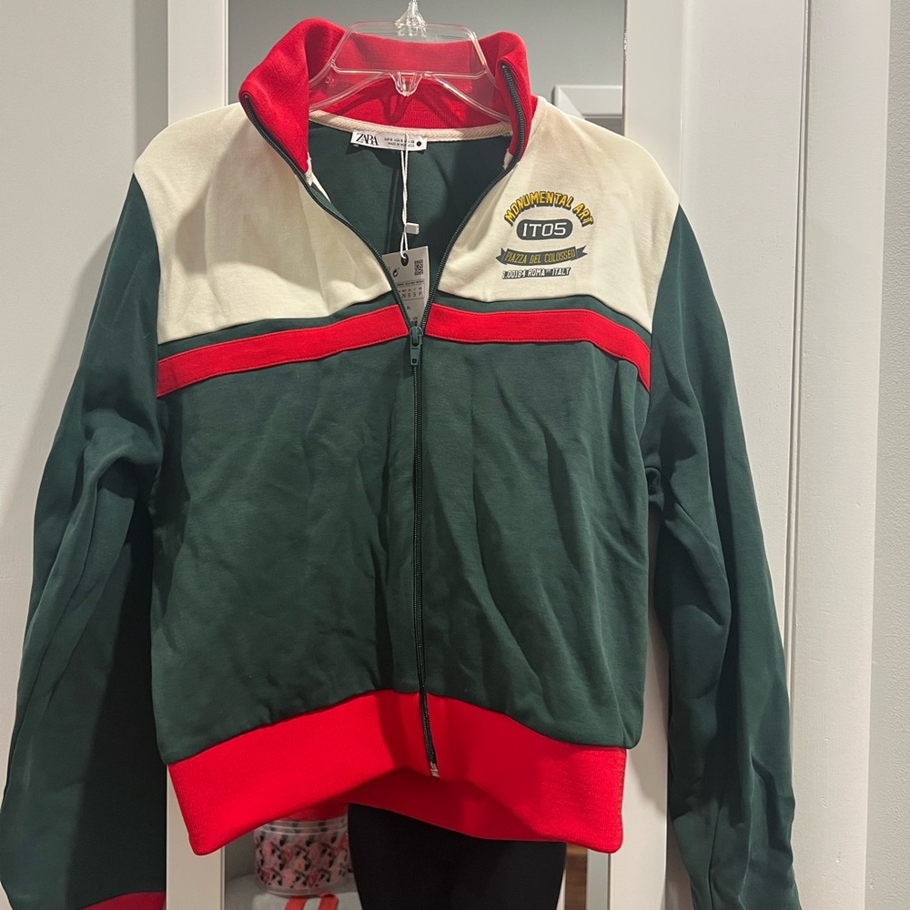 NWT Zara Green and Red Bomber Jacket with Retro Design